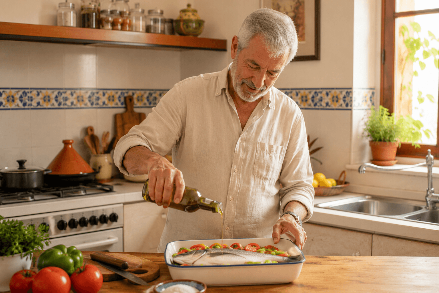 Hombre mayor cocinando con aceite de oliva y verduras frescas