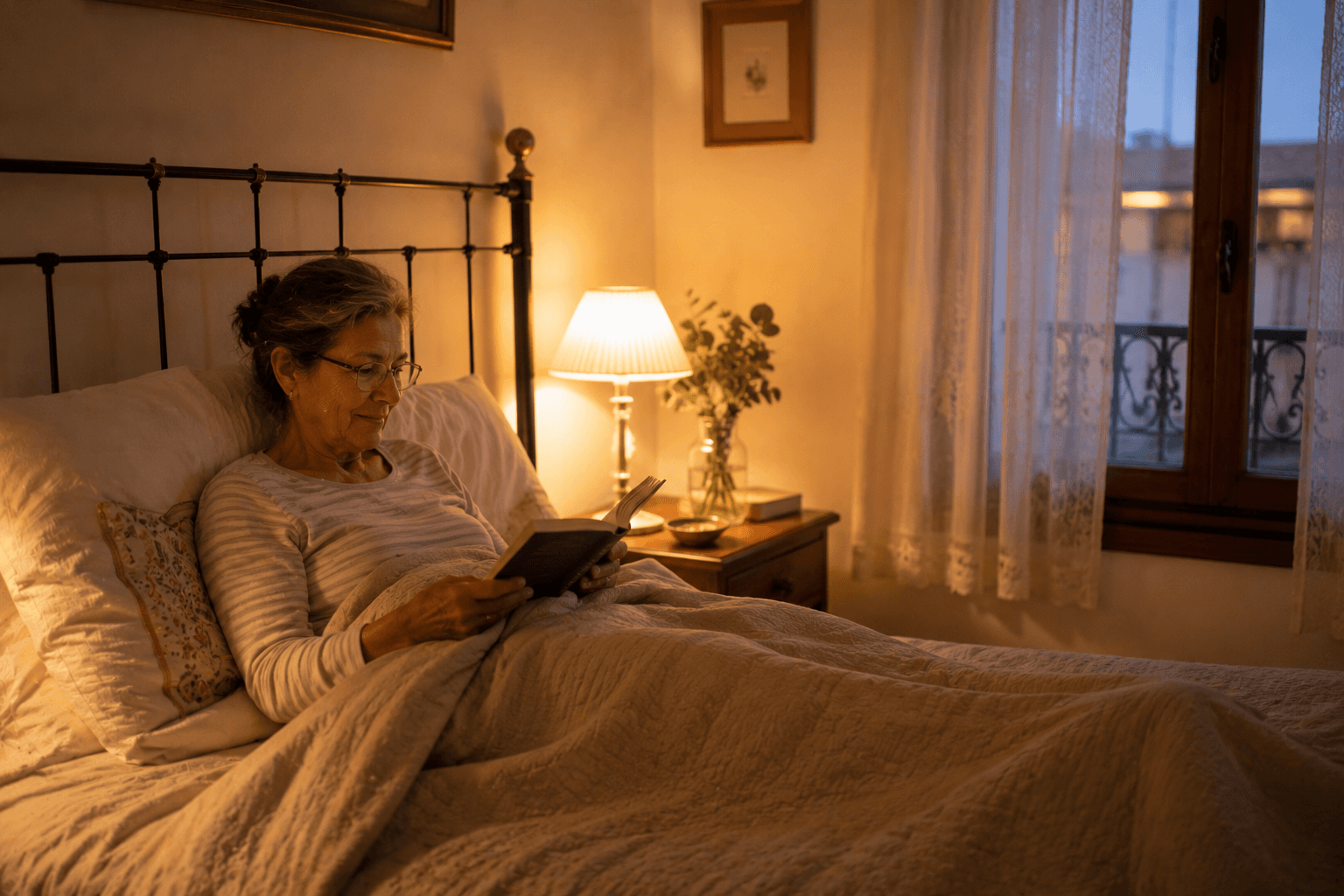 Mujer mayor leyendo tranquilamente en la cama antes de dormir
